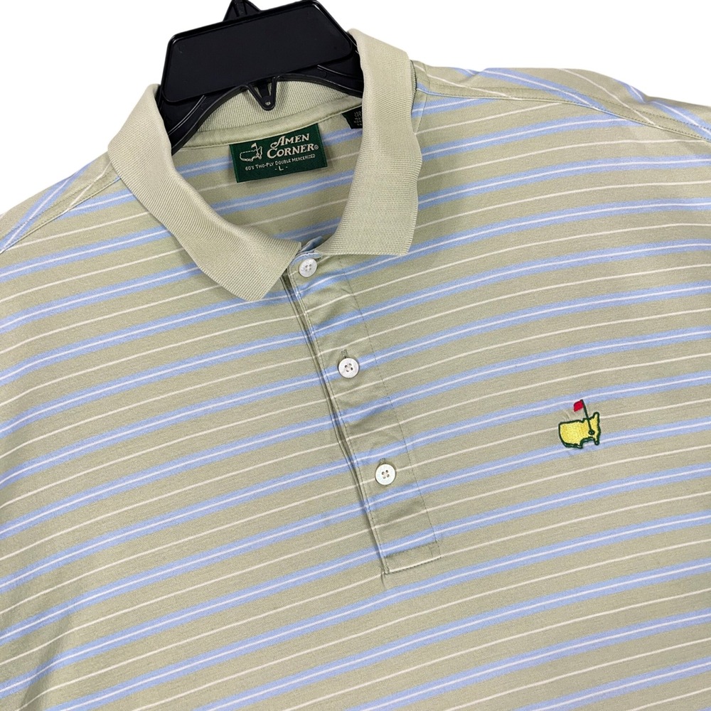 Amen Corner Masters Golf Tournament Striped Pima Cotton Polo Shirt Beige L Mens
